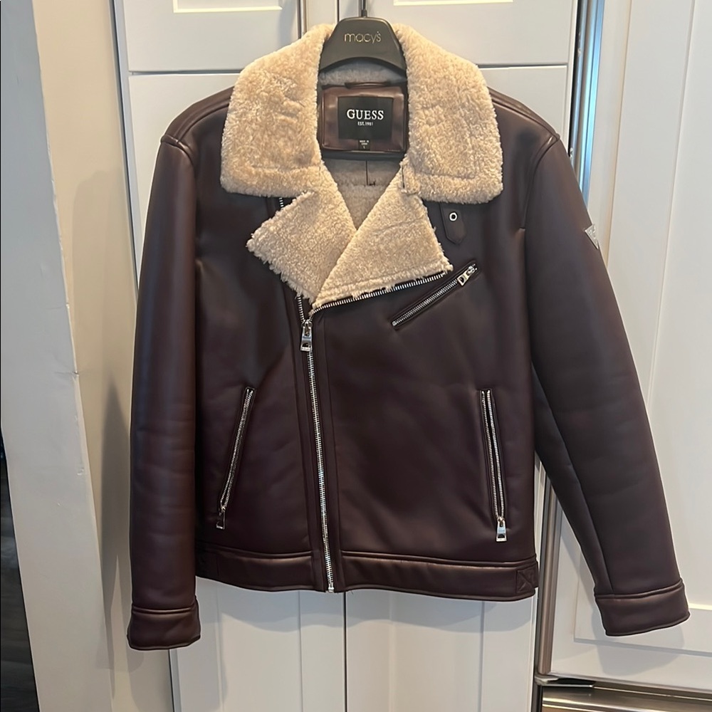 Guess Brown Bomber Jacket with Shearling Collar